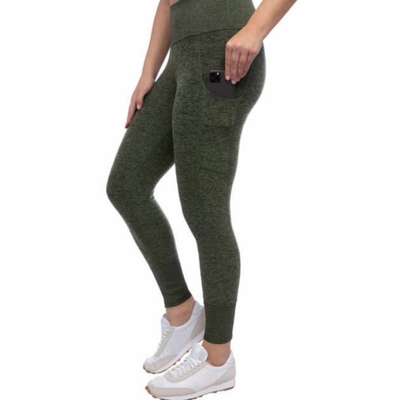 Kirkland Signature Dark Green Brushed Leggings Side Pockets Size Small - Picture 2 of 10